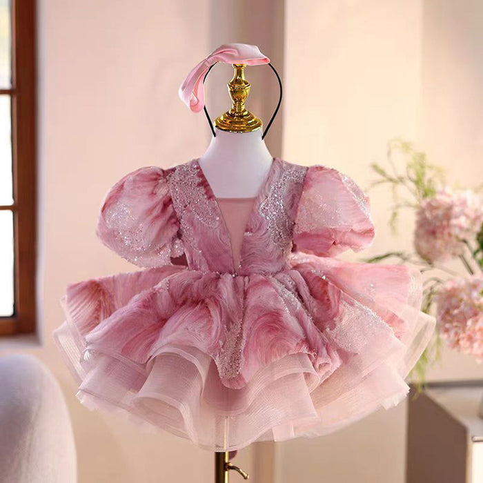 Saprkly Elegant Pink Girl Dress for Princess Kids 1st Birthday Party J734