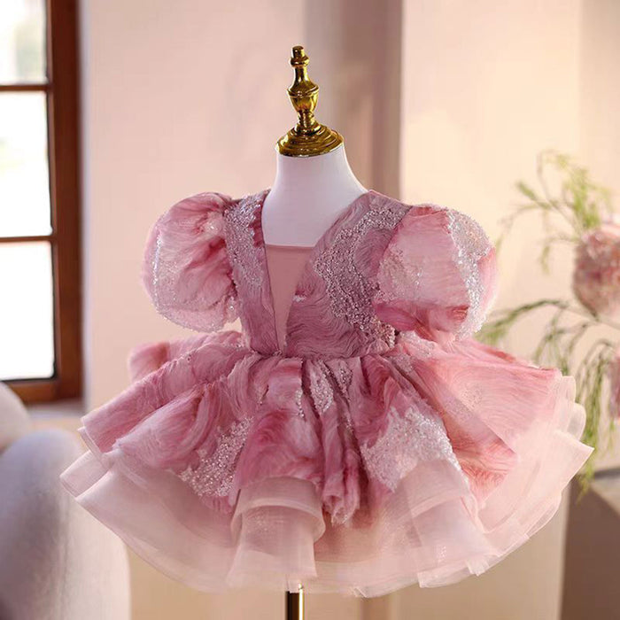 Saprkly Elegant Pink Girl Dress for Princess Kids 1st Birthday Party J734
