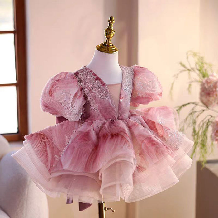 Saprkly Elegant Pink Girl Dress for Princess Kids 1st Birthday Party J734