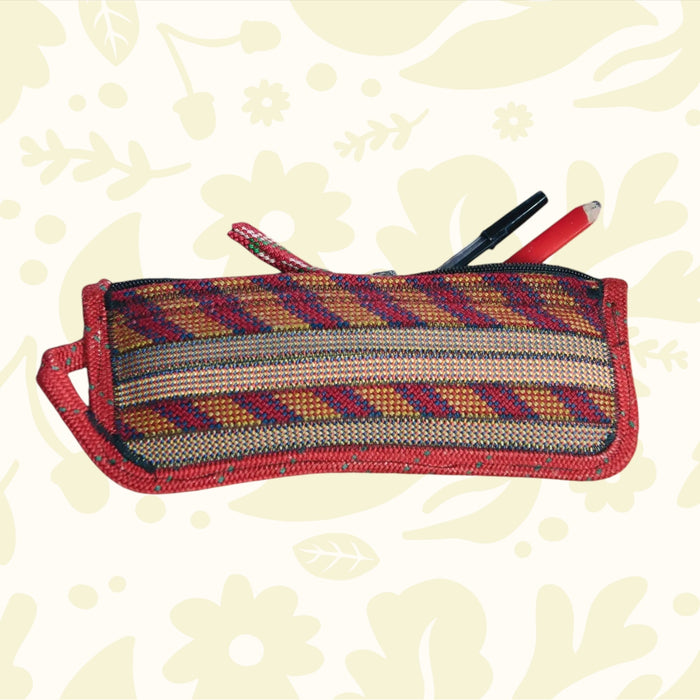 Forager Provisions LTD Scavenger large zip pouch in Fire colourway made from recycled climbing rope with pens inside.