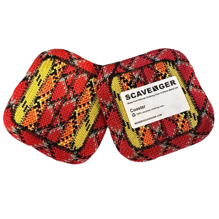 Forager Provisions LTD Scavenger upcycled climbing rope coasters in Fire red and yellow pattern, set of two.