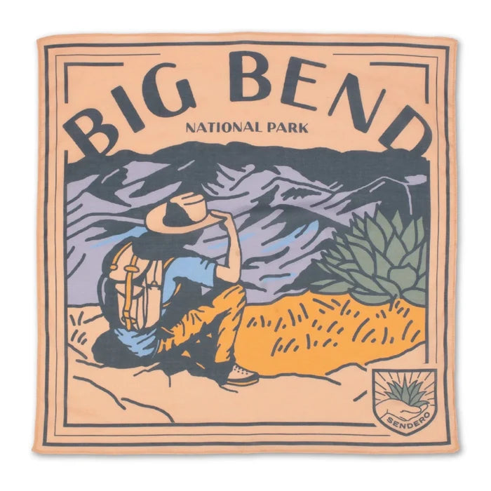 Illustration of a person with a backpack and hat sitting on a hill, looking at mountains with "Big Bend National Park" text above. This artwork is displayed on the Sendero Provisions Big Bend Bandana and printed on silky smooth, organic Japanese cotton for lasting quality.