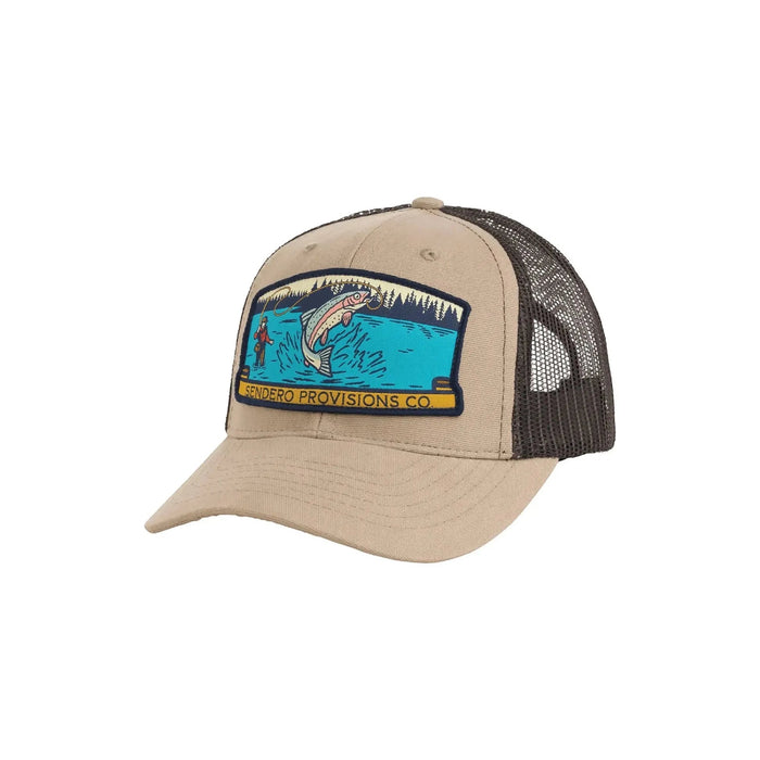 Forager Provisions LTD Sendero Provisions trucker cap in tan with a brown mesh back and fly fishing graphic patch.