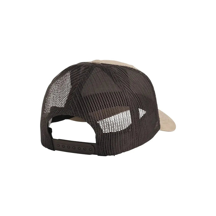 The Sendero Provisions Fly Fisher Mesh Cap is a tan and black trucker hat showcasing a patch with a fish leaping out of water and the text "Sendero Provisions Co." on the front, complete with a snapback closure for the perfect fit.