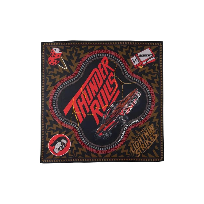 Introducing the Sendero Provisions Thunder Rolls Bandana, adorned with a red muscle car, "Thunder Rolls" text, lightning, dice, and other retro illustrations centered around a vintage El Camino SS 454 theme.