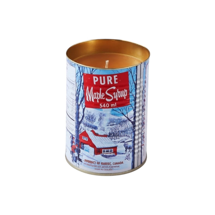 Seracon Maple Syrup Candle in 540ml iconic tin, cotton wick, winter scene—unique Canadian gift idea for home or holidays.