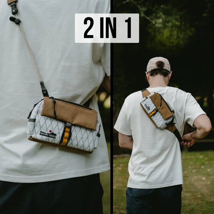 Model in brown Seven Peaks Fanny Pack shown front and back, “2 IN 1” text above; versatile stylish waist bag.