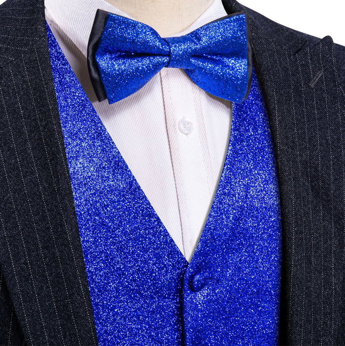 Shining Men's Sapphire Blue Solid Silk Bowtie V-Neck Waistcoat Vest Set- MJ-2599 - SimonVon Shop
