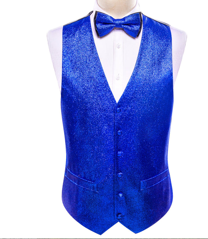 Shining Men's Sapphire Blue Solid Silk Bowtie V-Neck Waistcoat Vest Set- MJ-2599 - SimonVon Shop
