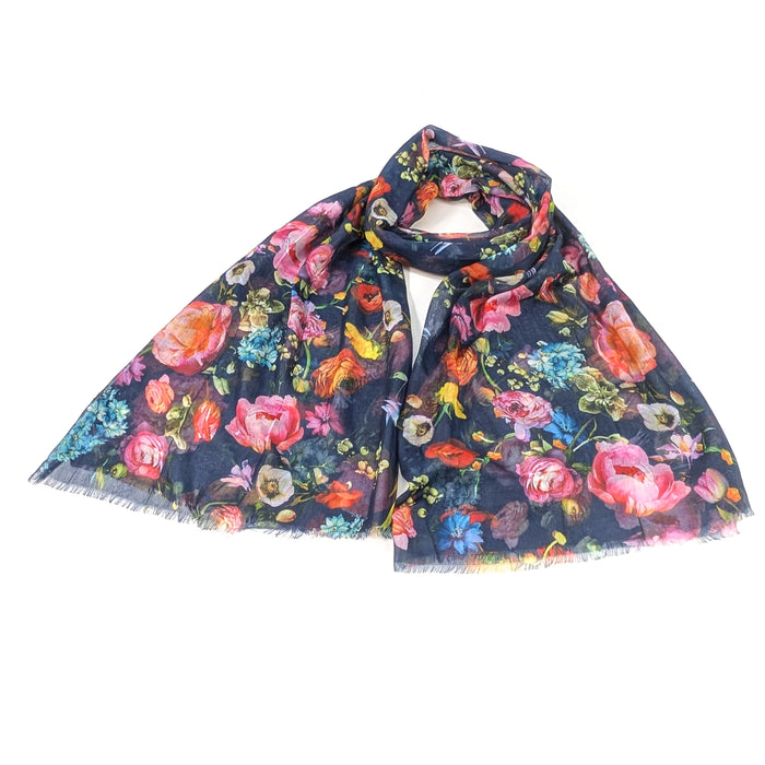 Silky Floral Scarf (70x180cm) - Navy