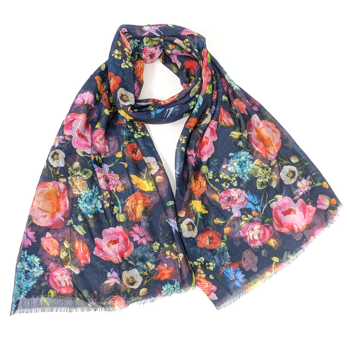 Silky Floral Scarf (70x180cm) - Navy