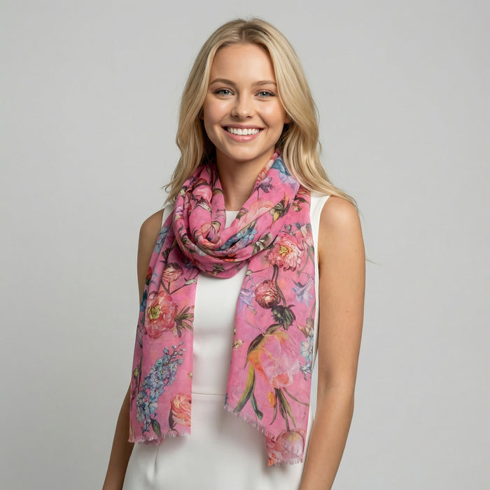 Silky Floral Scarf (70x180cm) - Pink