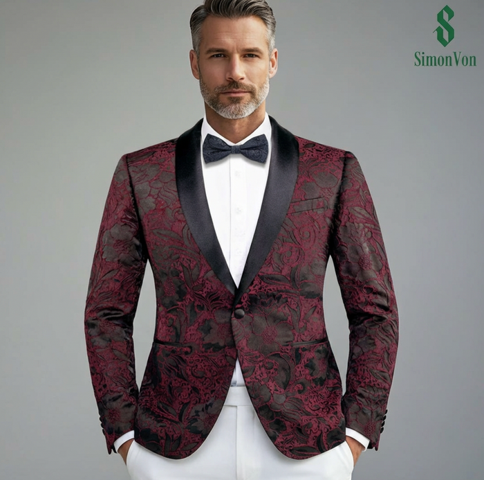 Simon Von  Dress Party Maroon Black Suit Jacket Slim One Button Stylish Blazer-XX-1025