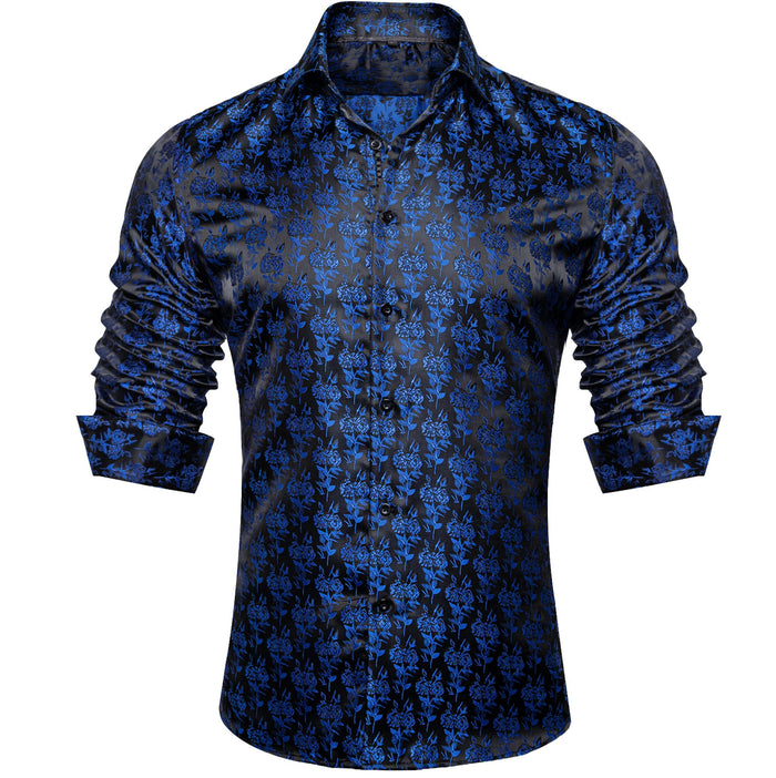 SIMON.VON BLACK BLUE FLORAL SILK MEN'S SHIRT- CY-2016 - SimonVon Shop