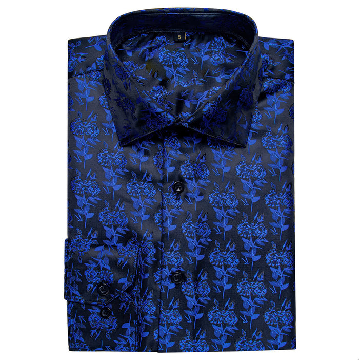 SIMON.VON BLACK BLUE FLORAL SILK MEN'S SHIRT- CY-2016 - SimonVon Shop