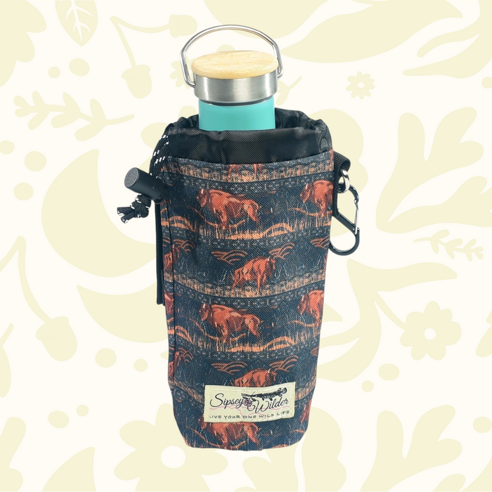 Forager Provisions LTD Sipsey Wilder buffalo print water bottle holder with a teal bottle and drawstring closure