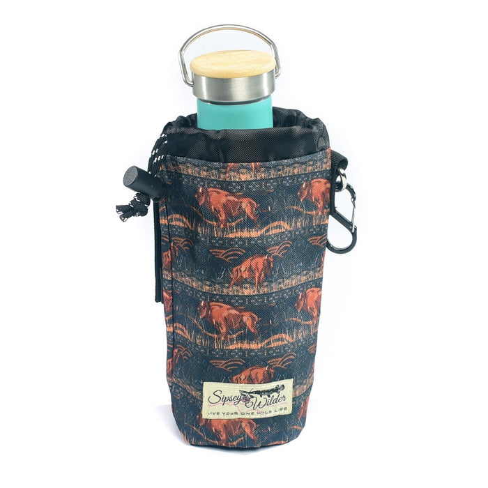Forager Provisions LTD Sipsey Wilder buffalo print water bottle holder with drawstring and teal bottle