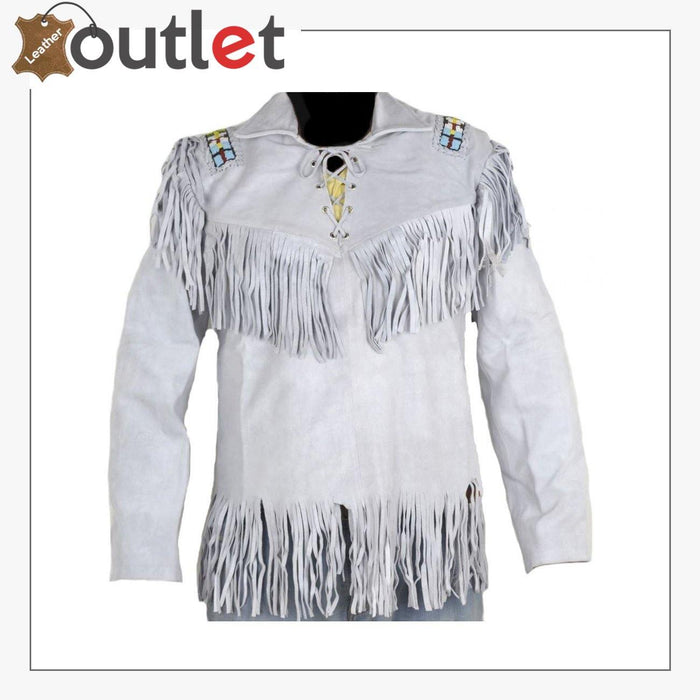 White cowboy genuine leather jacket with traditional western cut and snap front, front view