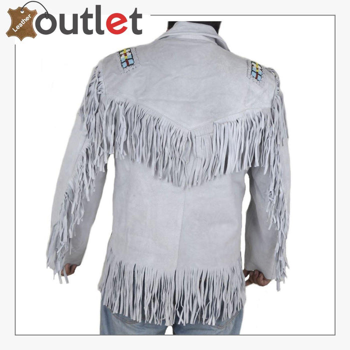 Back view of the white cowboy leather jacket showing yoke seam and longer body