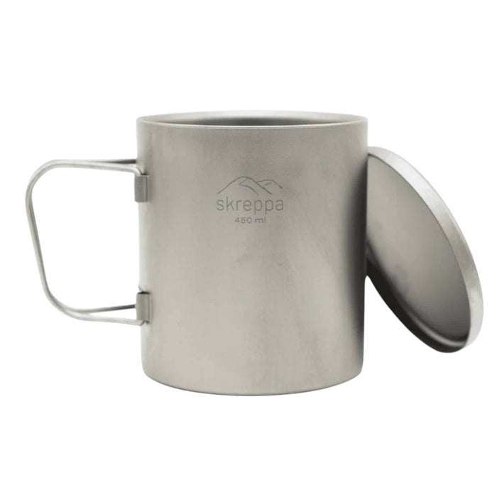 Forager Provisions LTD Skreppa 450ml single wall titanium camping mug with lid and folding handle