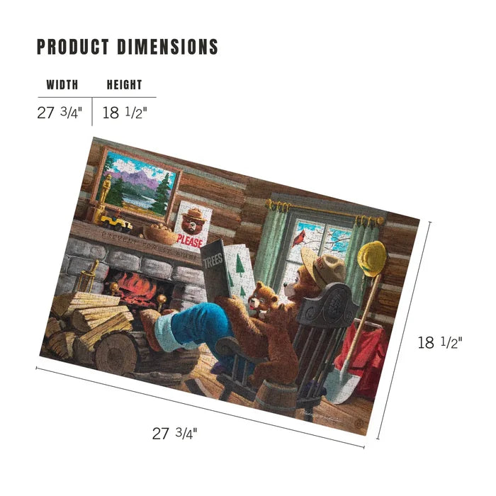 Smokey Bear reads to cubs on a 27 3/4" x 18 1/2" Lantern Press rug, ideal for nature lovers and puzzle fans.