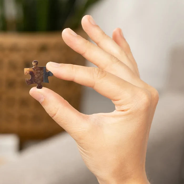 Closeup of a hand holding a Lantern Press Smokey Bear puzzle piece; 1000-piece jigsaw, blurred background for focus.
