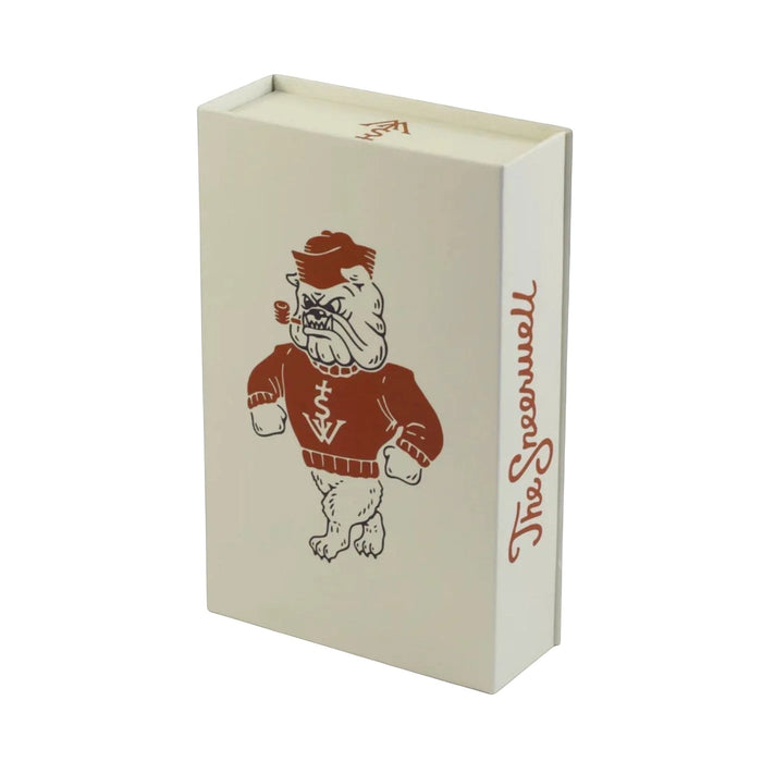 Sneerwell Bulldog Flask in white box, vintage-style bar gift for Dad; unique faulty design, perfect Father’s Day present.