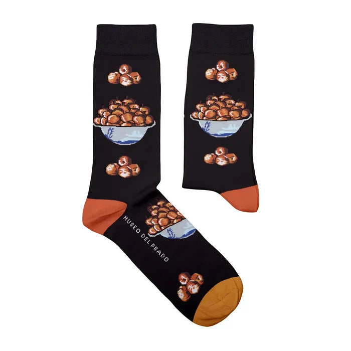 Shop Sock Affairs Apple Bowl Tomás Hiepes Socks with brown toes, hazelnut bowl design, classic art inspiration, perfect gift.