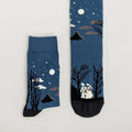 Carnival Evening Rousseau Socks: Surreal night sky, moon, trees & white wolf design—unique artistic socks by Sock Affairs.