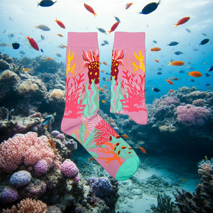 Forager Provisions LTD pink coral reef pattern socks made from sustainable combed cotton with turquoise accents.