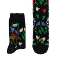 Black socks with vibrant floral designs inspired by Severin Roesen; unique artistic socks, stylish wearable art for feet.