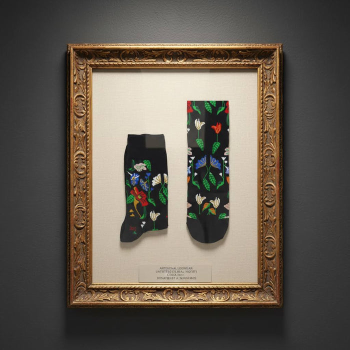 Forager Provisions LTD Flower Still Life socks featuring colorful floral patterns on black cotton, framed like art.