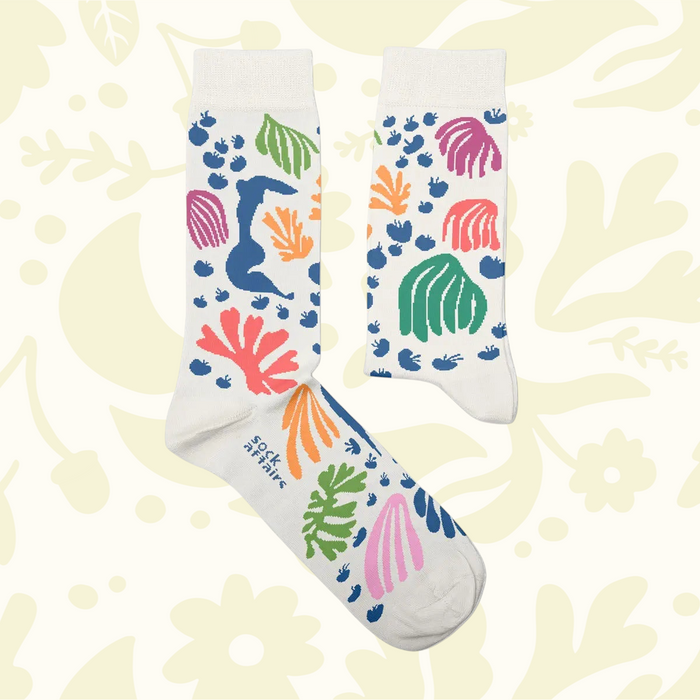 Forager Provisions LTD Matisse-inspired cotton socks featuring vibrant abstract paper cut-out shapes on white fabric.