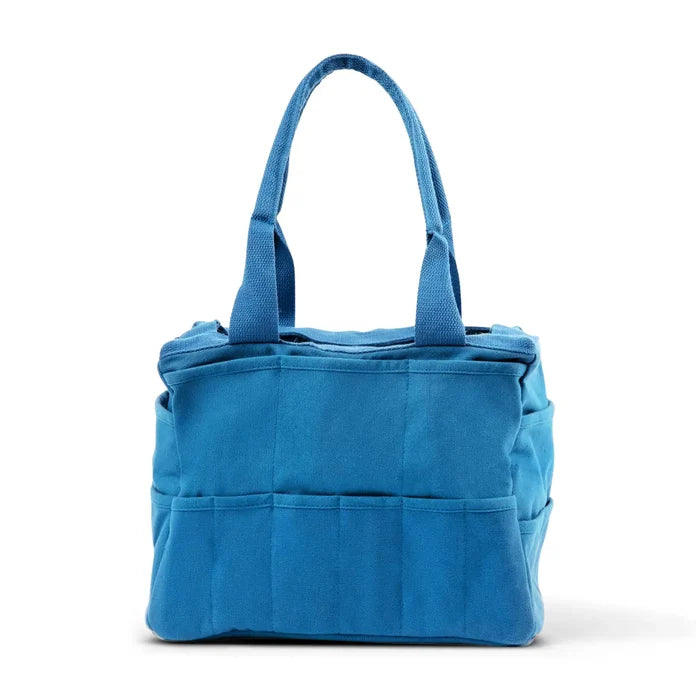 Soolla Studio Pottery Artist Bag Blueberry Bliss with pockets, two handles. Handcrafted tote on white background for artists.