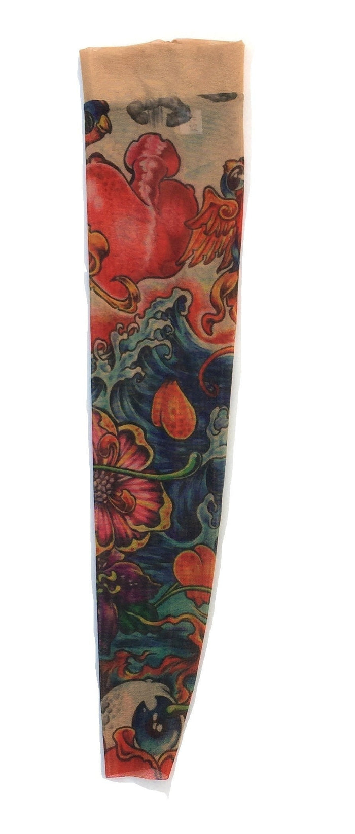 Sparrows Red Heart Flowers Blue Wave Single Tattoo Sleeve