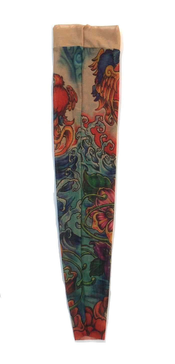 Sparrows Red Heart Flowers Blue Wave Single Tattoo Sleeve