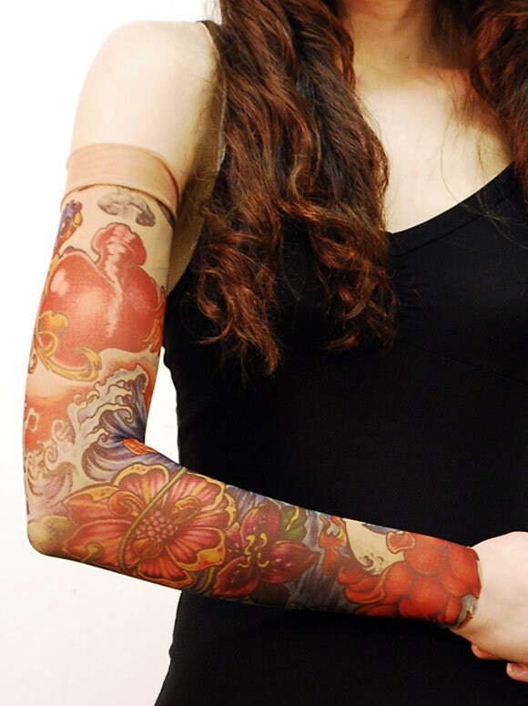 Sparrows Red Heart Flowers Blue Wave Single Tattoo Sleeve