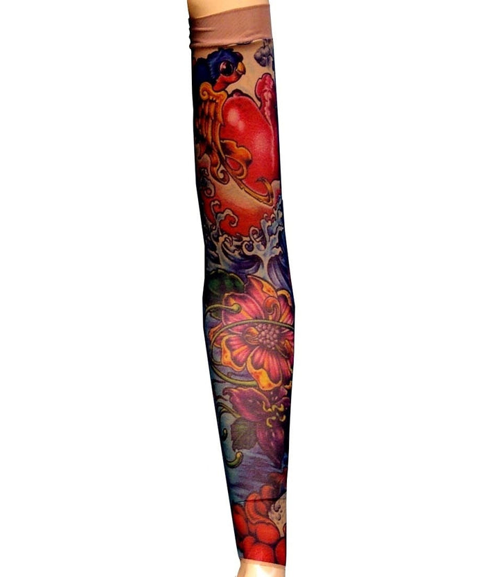 Sparrows Red Heart Flowers Blue Wave Single Tattoo Sleeve
