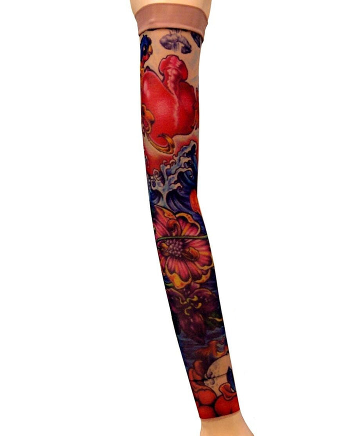 Sparrows Red Heart Flowers Blue Wave Single Tattoo Sleeve