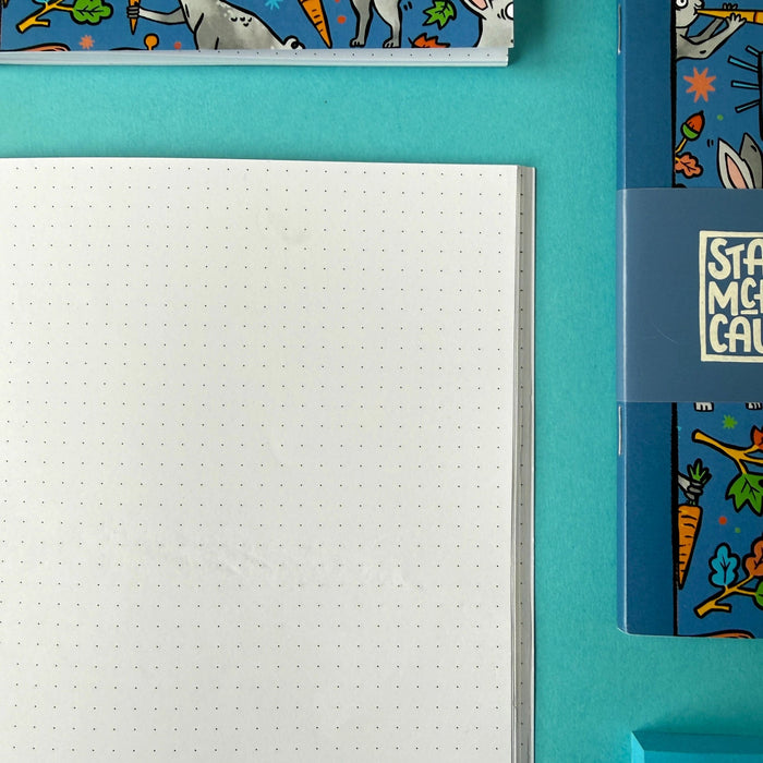 Forager Provisions LTD Stacey McEvoy Caunt A5 dot grid notebook with medieval bunny cover art on a teal background
