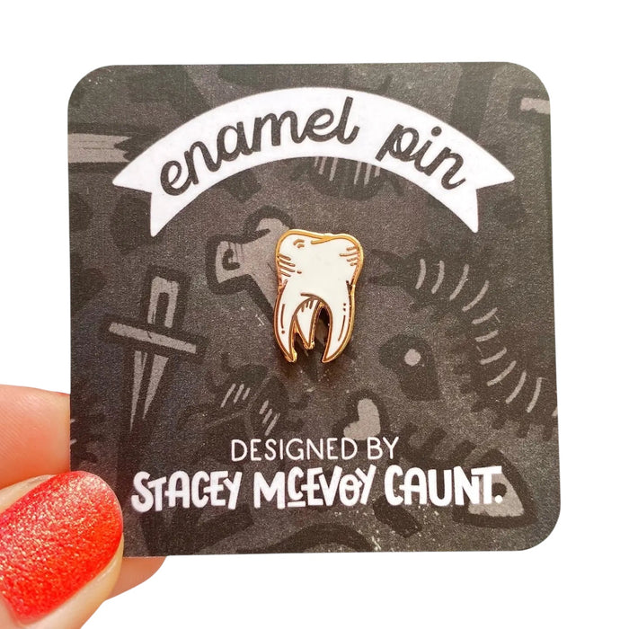 Forager Provisions LTD Stacey McEvoy Caunt medieval tooth enamel pin with gold plating on a black display card