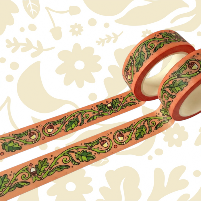 Forager Provisions LTD Stacey McEvoy Caunt washi tape featuring orange oak leaf and acorn woodland illustrations.