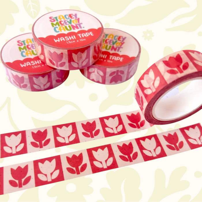 Forager Provisions LTD Stacey McEvoy Caunt washi tape rolls featuring a red folk tulip pattern on matte paper.