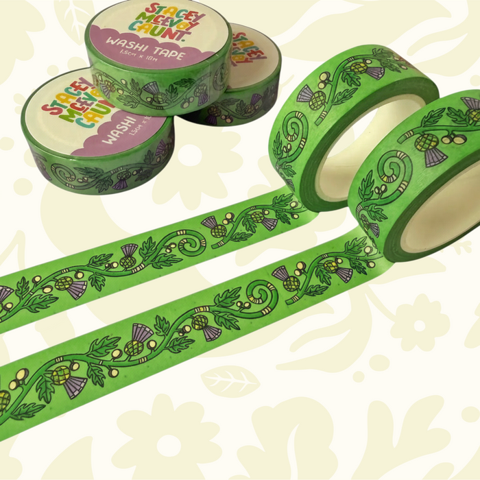 Forager Provisions LTD Stacey McEvoy Caunt washi tape featuring a green and purple Scottish thistle floral pattern