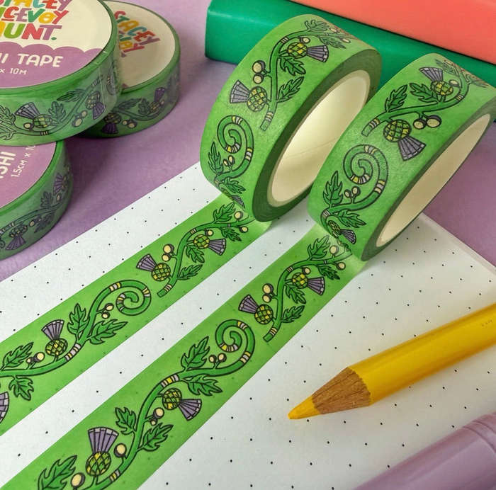 Forager Provisions LTD Stacey McEvoy Caunt washi tape with green and purple Scottish thistle floral pattern on paper