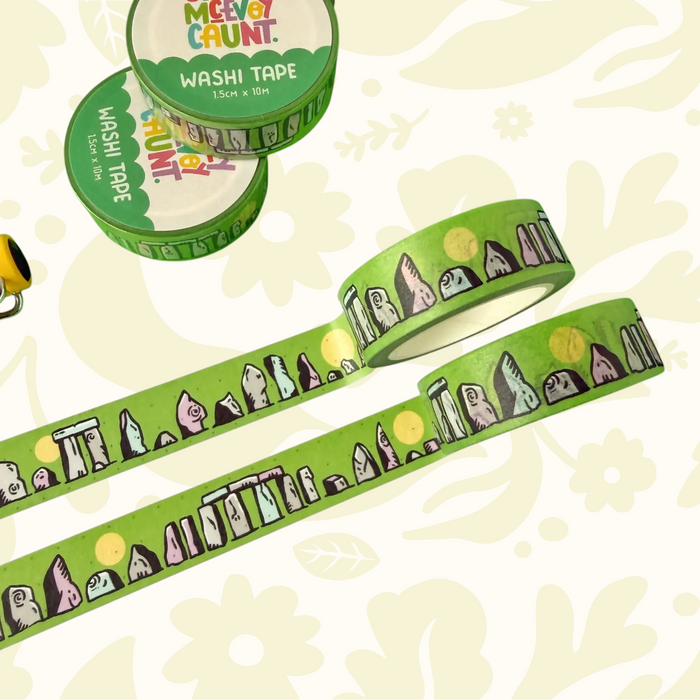 Forager Provisions LTD Stacey McEvoy Caunt stone circle washi tape with green background and ancient site illustrations