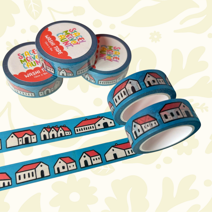 Forager Provisions LTD Stacey McEvoy Caunt washi tape rolls featuring a medieval red house pattern on blue background