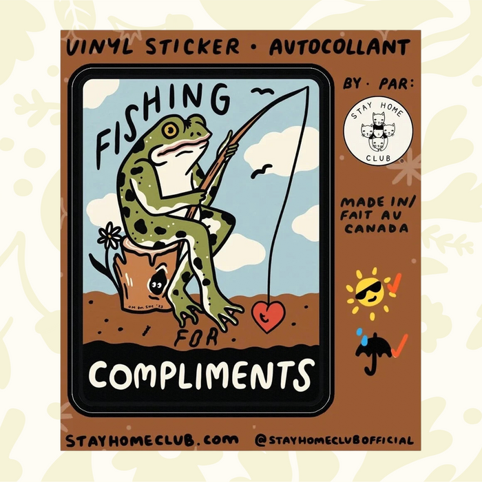 Forager Provisions LTD Stay Home Club vinyl sticker featuring a cute frog fishing for a heart on a brown background.