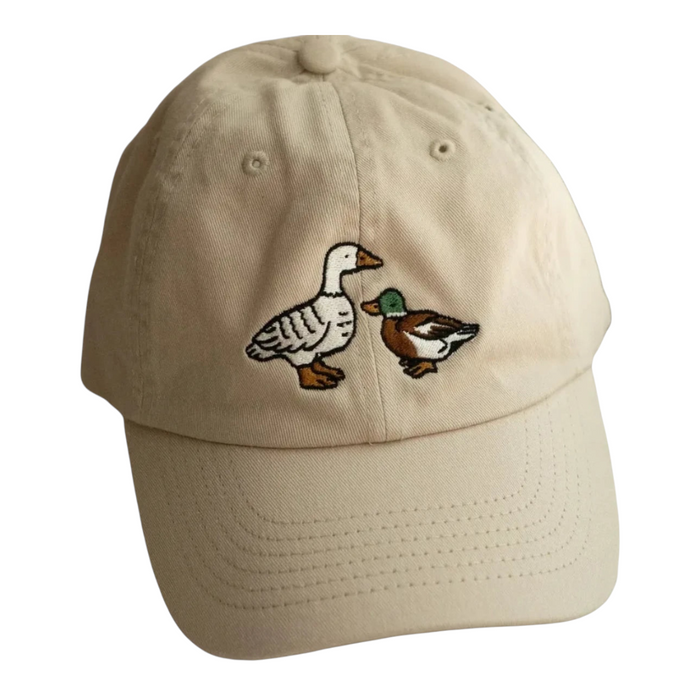 Forager Provisions LTD Stay Home Club beige cotton dad cap featuring embroidered duck and goose design