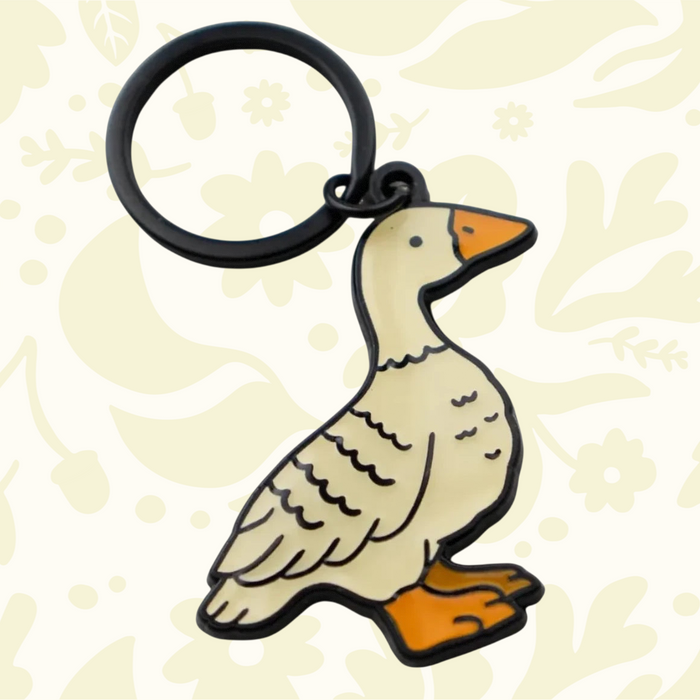 Forager Provisions LTD Stay Home Club soft enamel keychain featuring a playful illustrated goose with orange feet.